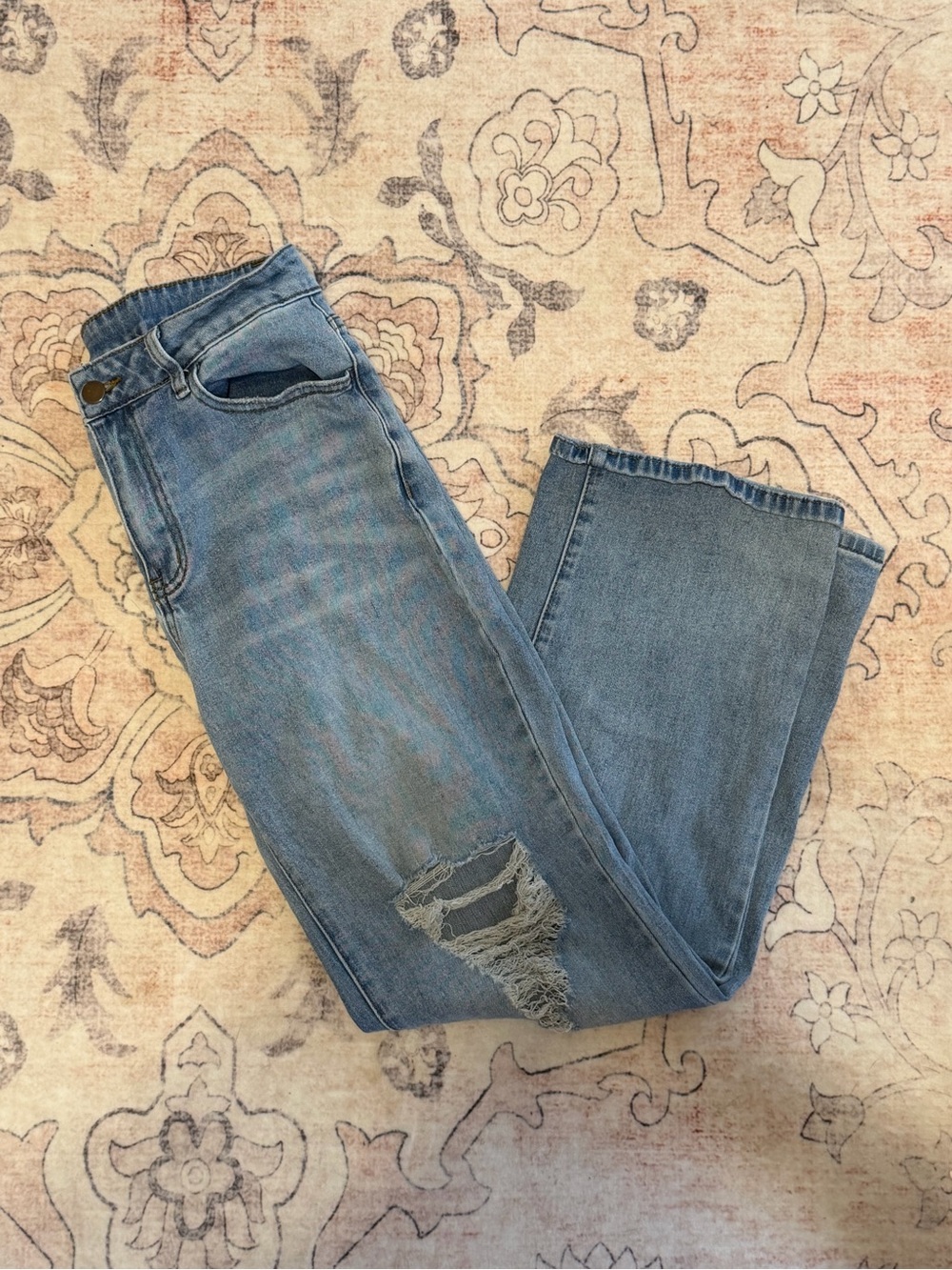 Women's Blue Distressed Straight-Leg Jeans